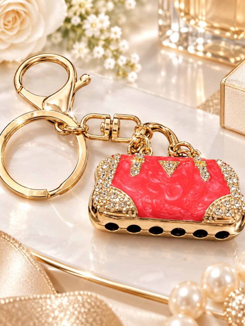Dark Pink Glam Rhinestone Mini Handbag Keychain Purse Charm